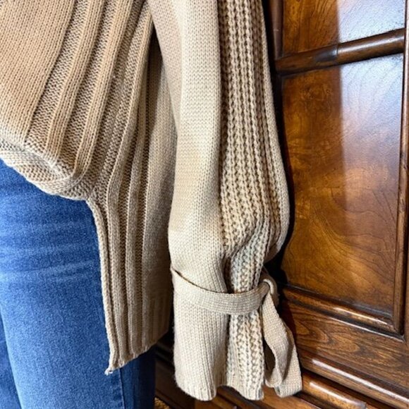 NWOT Bodilove Khaki Tan Cotton Blend Modern Cable Knit Tie Bow Sleeve Sweater - Picture 14 of 16